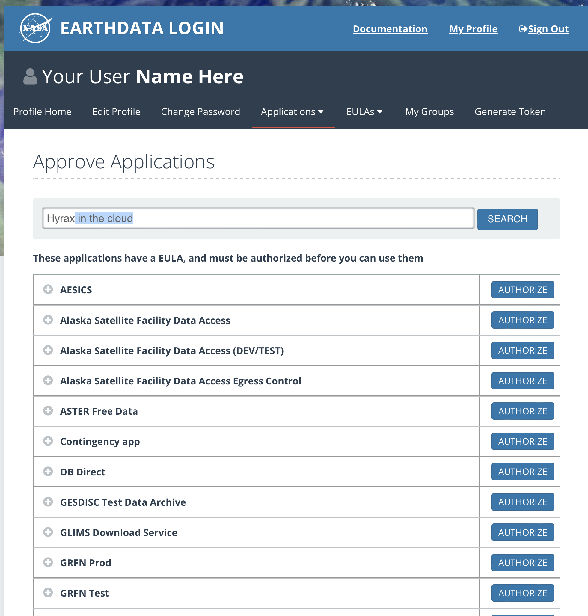 Earthdata Login Approve Applications Page