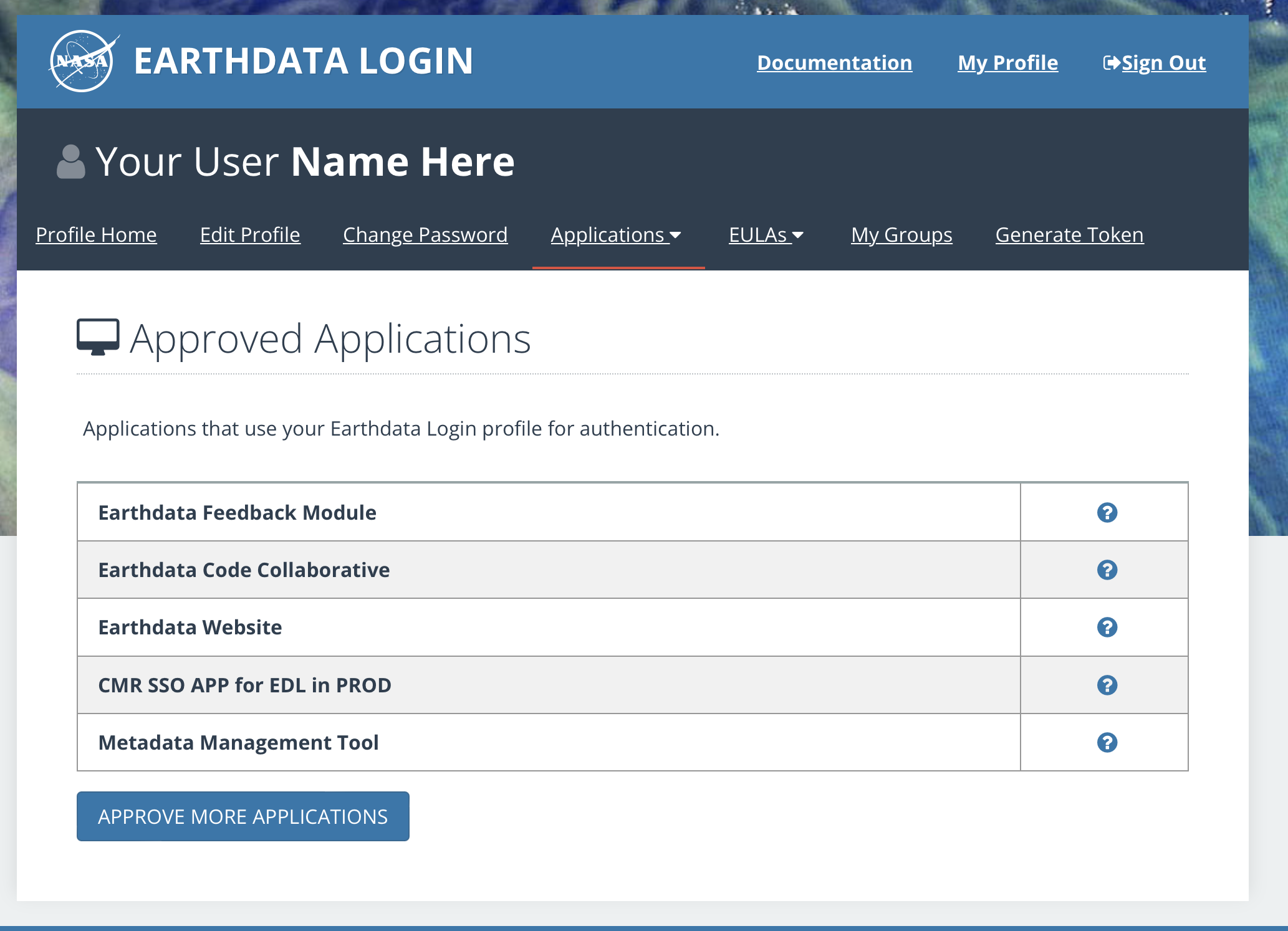 Earthdata Login Approve Applications Page